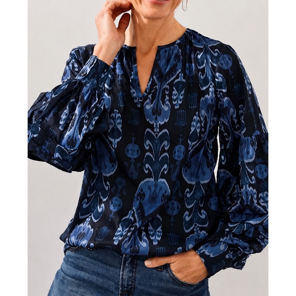 Chico's Top Blouse Pleated Sleeve Sea Island Indigo Ikat Popover 2 US 12